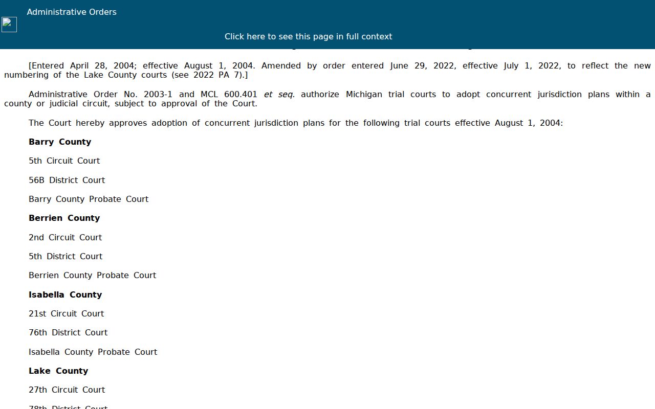 Crawford County court docket concurrent jurisdiction plan record